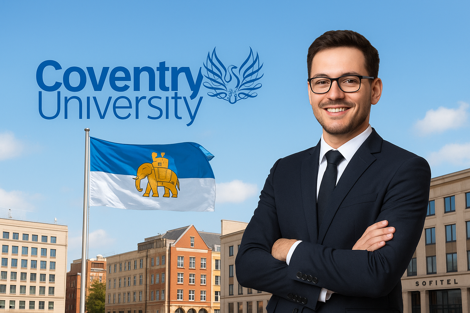 What are some key features of Coventry, including its hotels, universities, rivers, and business hubs?