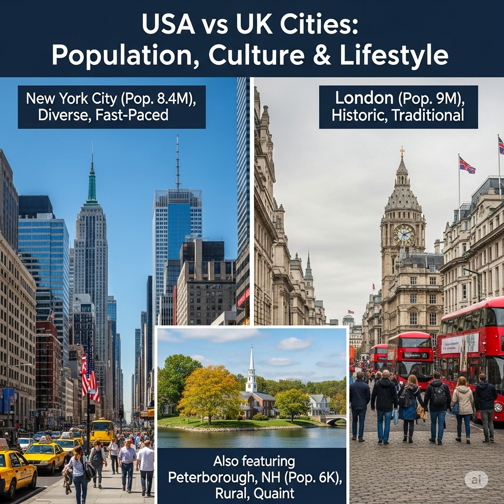 USA vs UK Cities: Population, Culture & Lifestyle (with Peterborough, NH)
